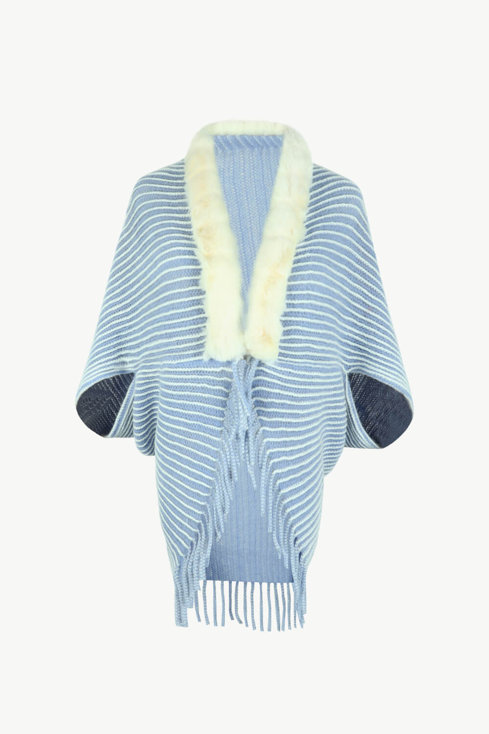 Striped Open Front Fringe Poncho - Thandynie