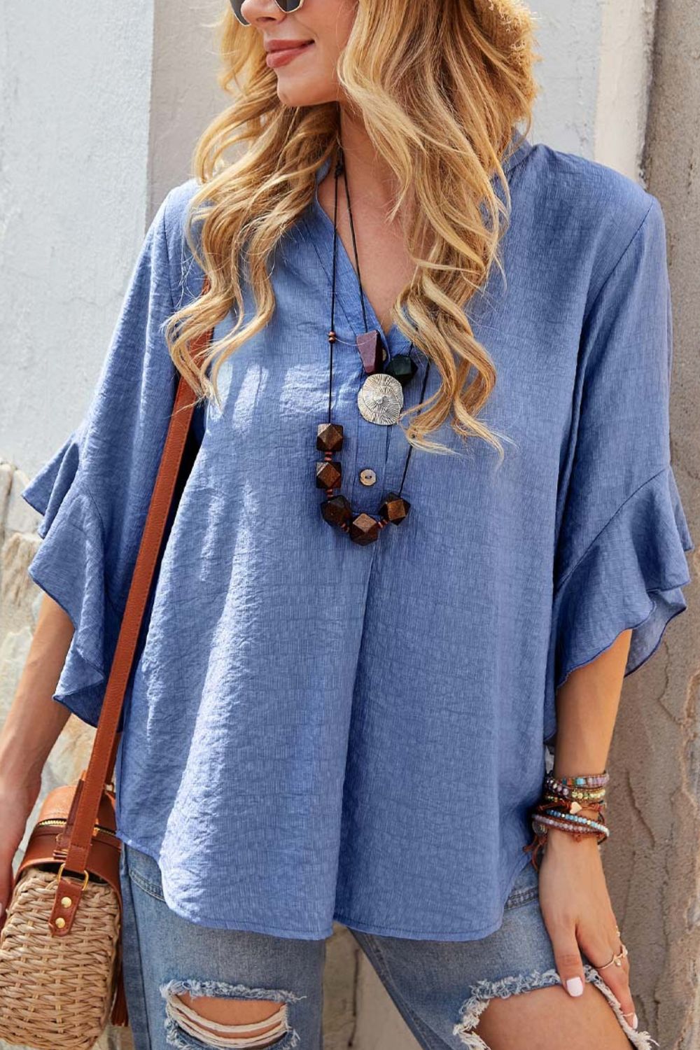 Notched Neck Flounce Sleeve Blouse Blue