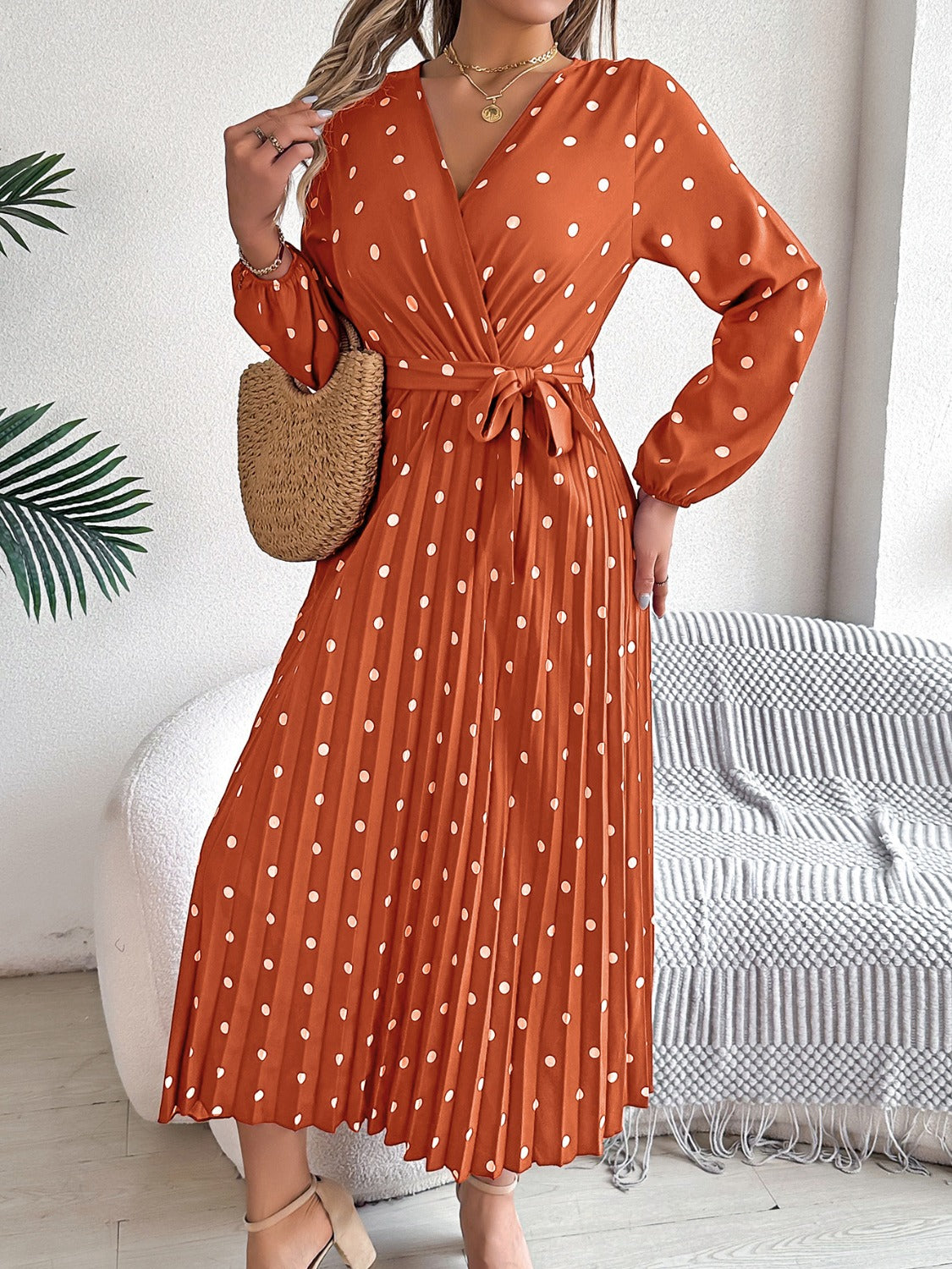 Tied Polka Dot Long Sleeve Midi Dress Ochre