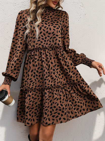 Frill Printed Mock Neck Long Sleeve Mini Dress Brown