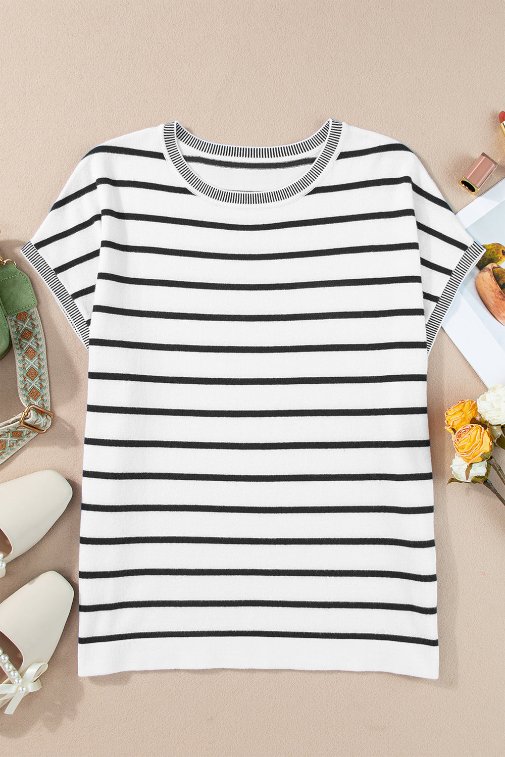 Striped Round Neck Cap Sleeve Knit Top White