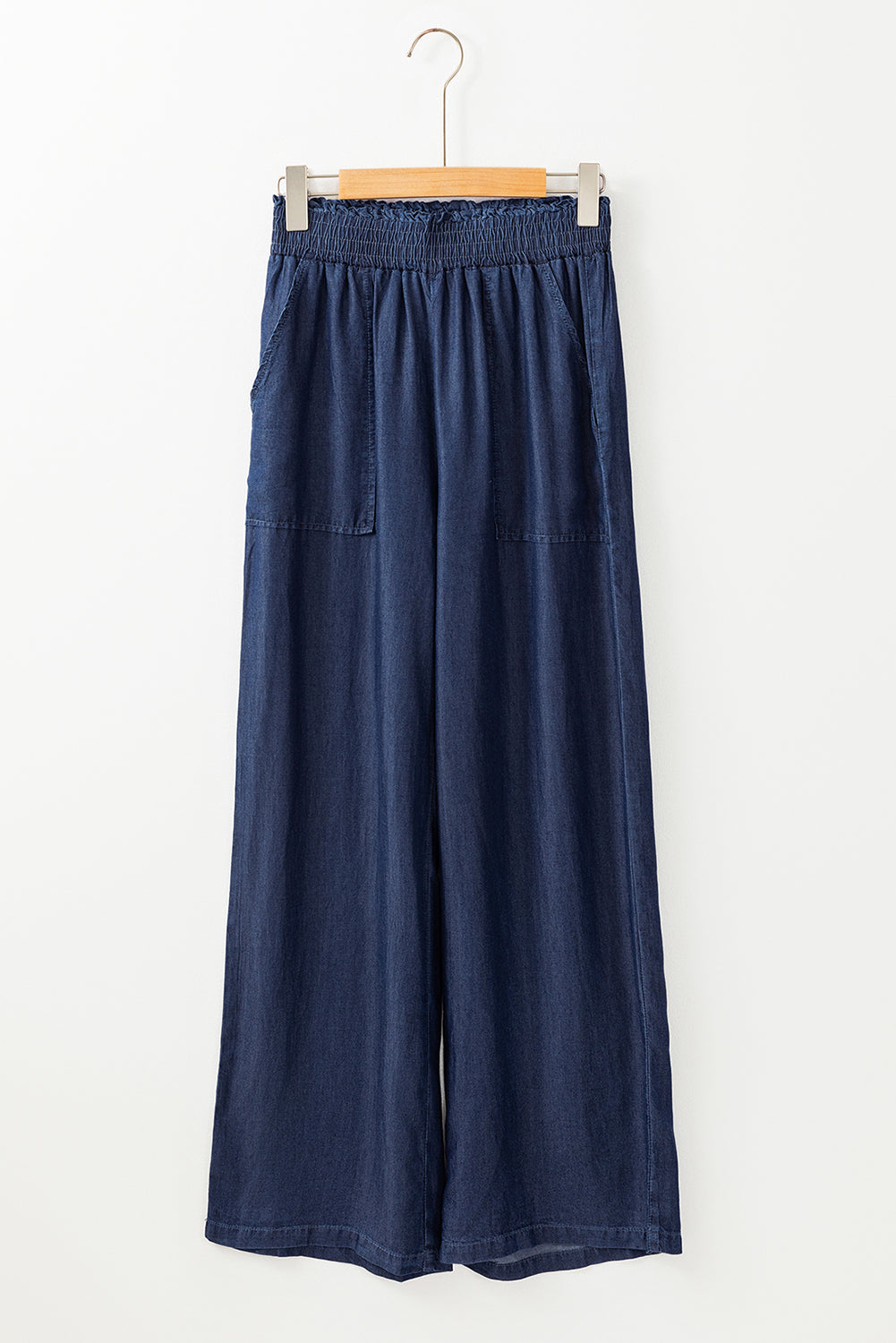 Sail Blue Side Pockets Frilled Smocked High Waist Wide Leg Jeans