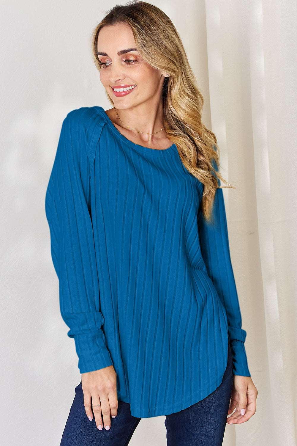 Basic Bae Full Size Ribbed Round Neck Slit T-Shirt Sky Blue