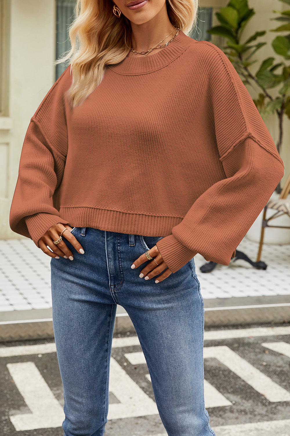 Round Neck Dropped Shoulder Sweater Caramel