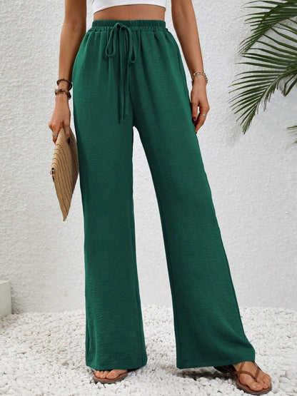 Wide Leg Drawstring Pants Dark Green