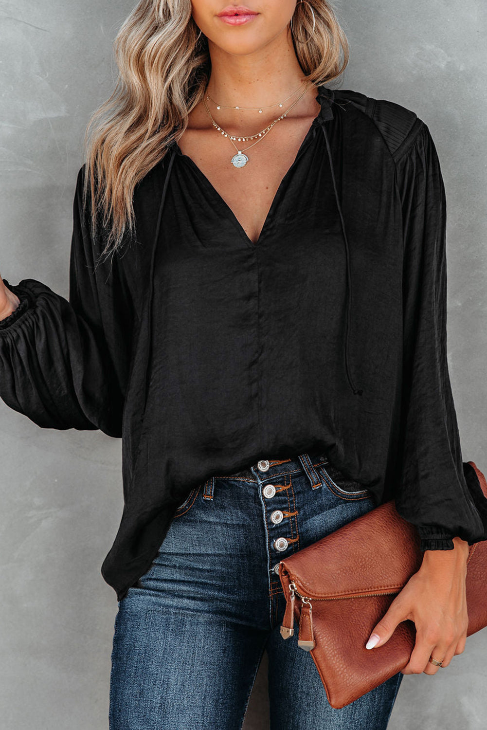 Tie Neck Long Sleeve Blouse Black