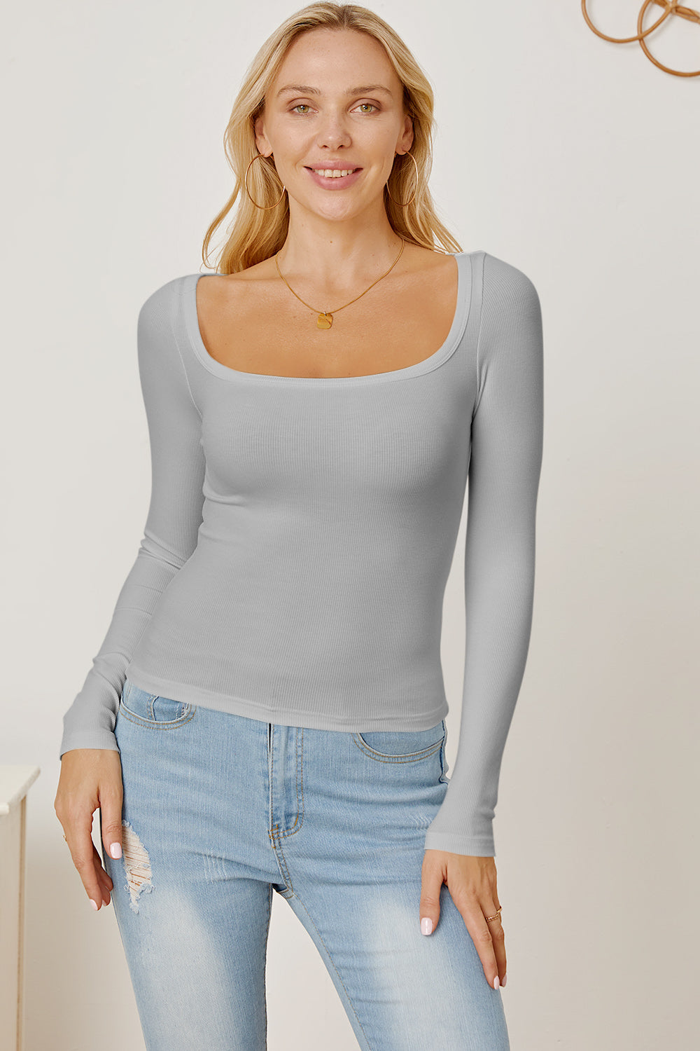 Square Neck Long Sleeve T-Shirt Light Gray