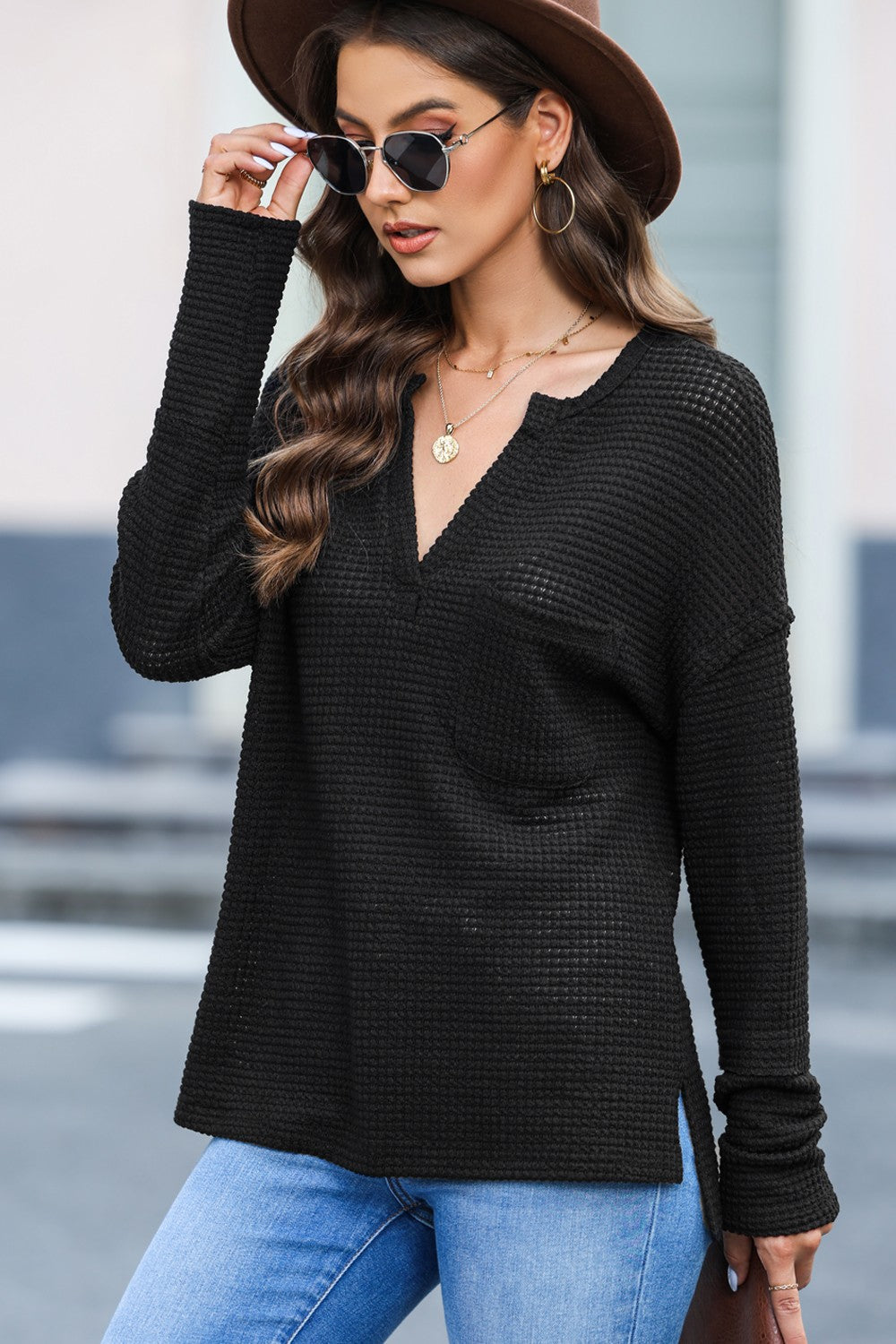 Waffle-Knit Notched Dropped Shoulder Blouse