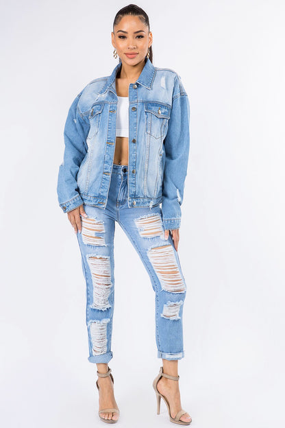 American Bazi Graphic Distressed Long Sleeve Denim Jacket