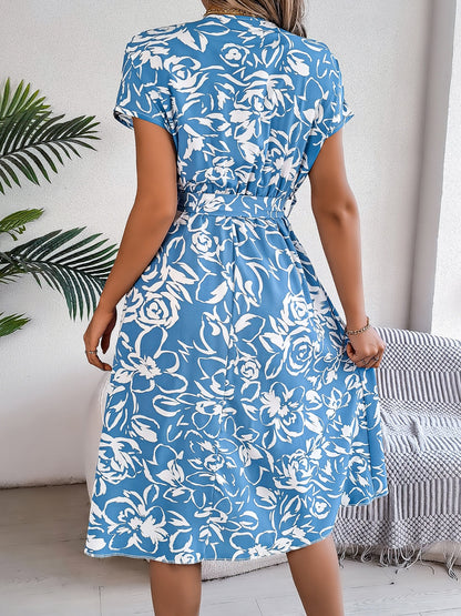 Printed V-Neck Short Sleeve Dress Pastel Blue