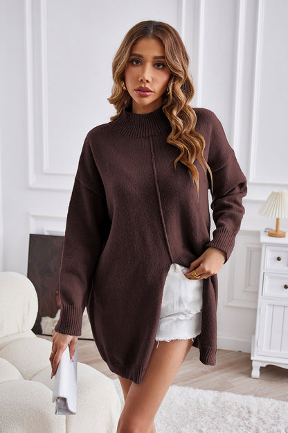 Exposed Seam Mock Neck Slit Sweater Chestnut