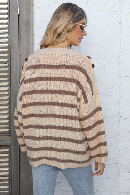 Round Neck Dropped Shoulder Striped Sweater