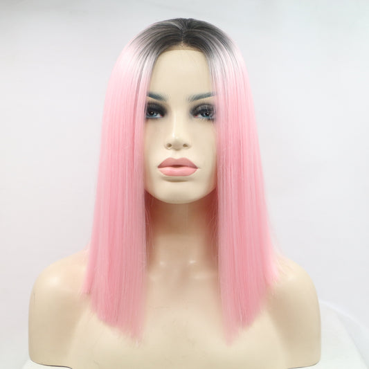 13*3" Lace Front Wigs Synthetic Mid-length Straight 12" 130% Density Black Pink One Size