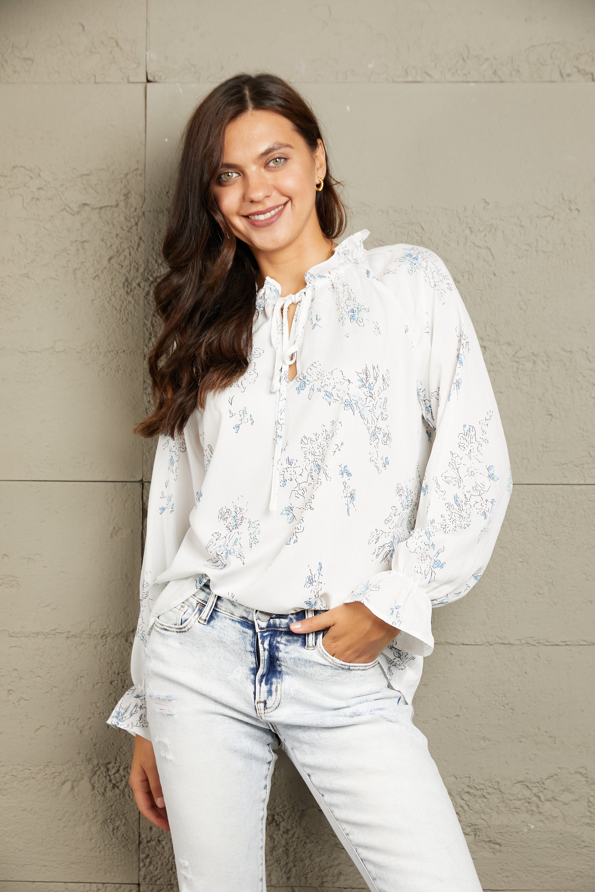 Double Take Floral Tie Neck Flounce Sleeve Blouse