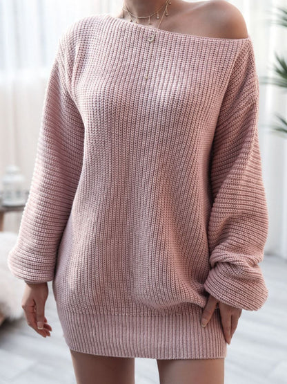 Balloon Sleeve Boat Neck Sweater Mini Dress Light Mauve