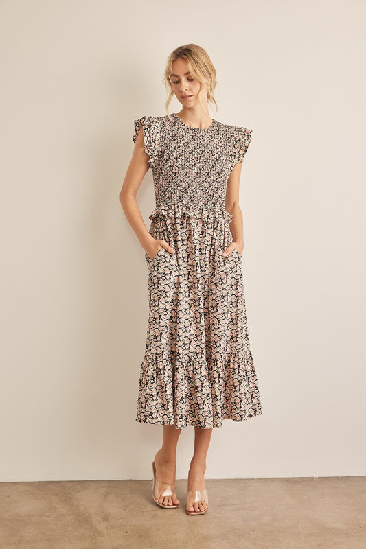 In February Floral Smocked Ruffled Midi Dress Black Peach