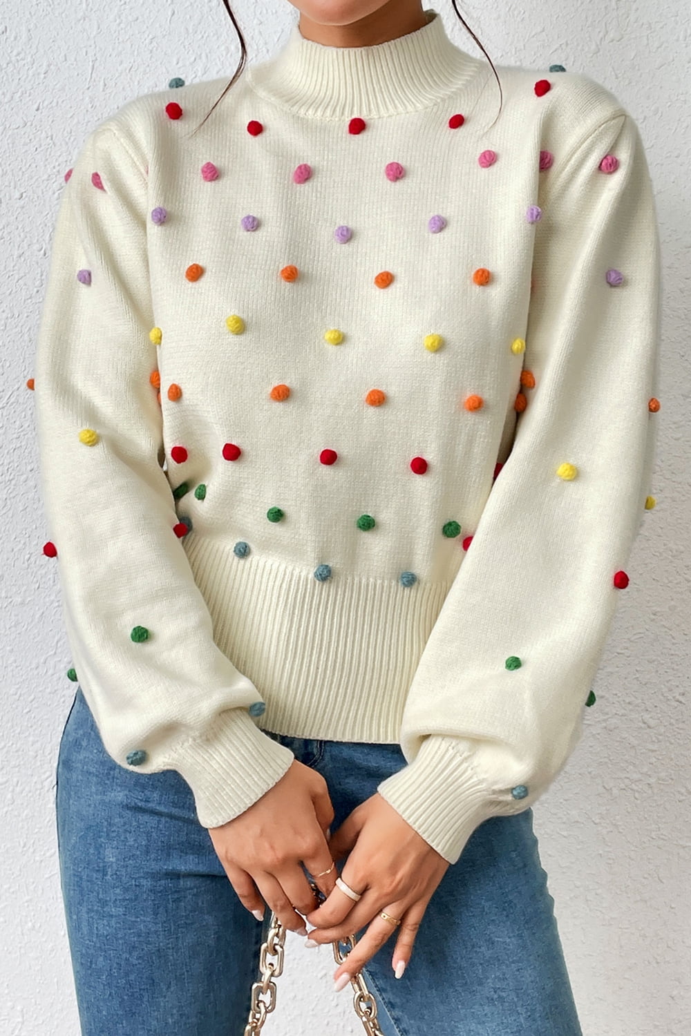 Pom-Pom Trim Mock Neck Long Sleeve Pullover Sweater Cream