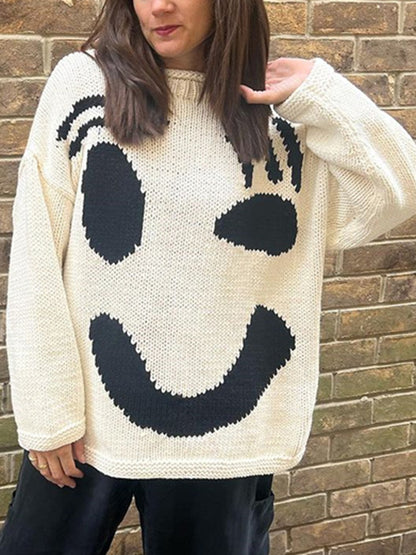 Contrast Drop Shoulder Long Sleeve Sweater Cream