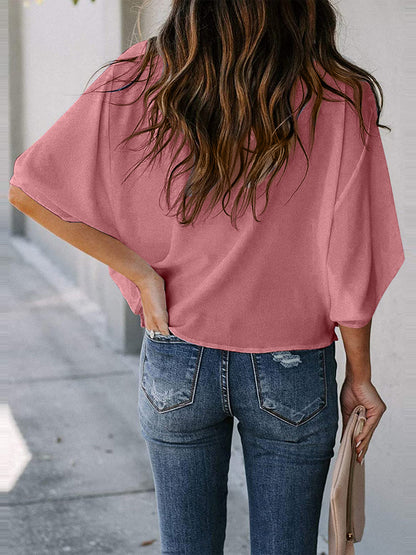 Full Size Cowl Neck Three-Quarter Sleeve Blouse Watermelon pink