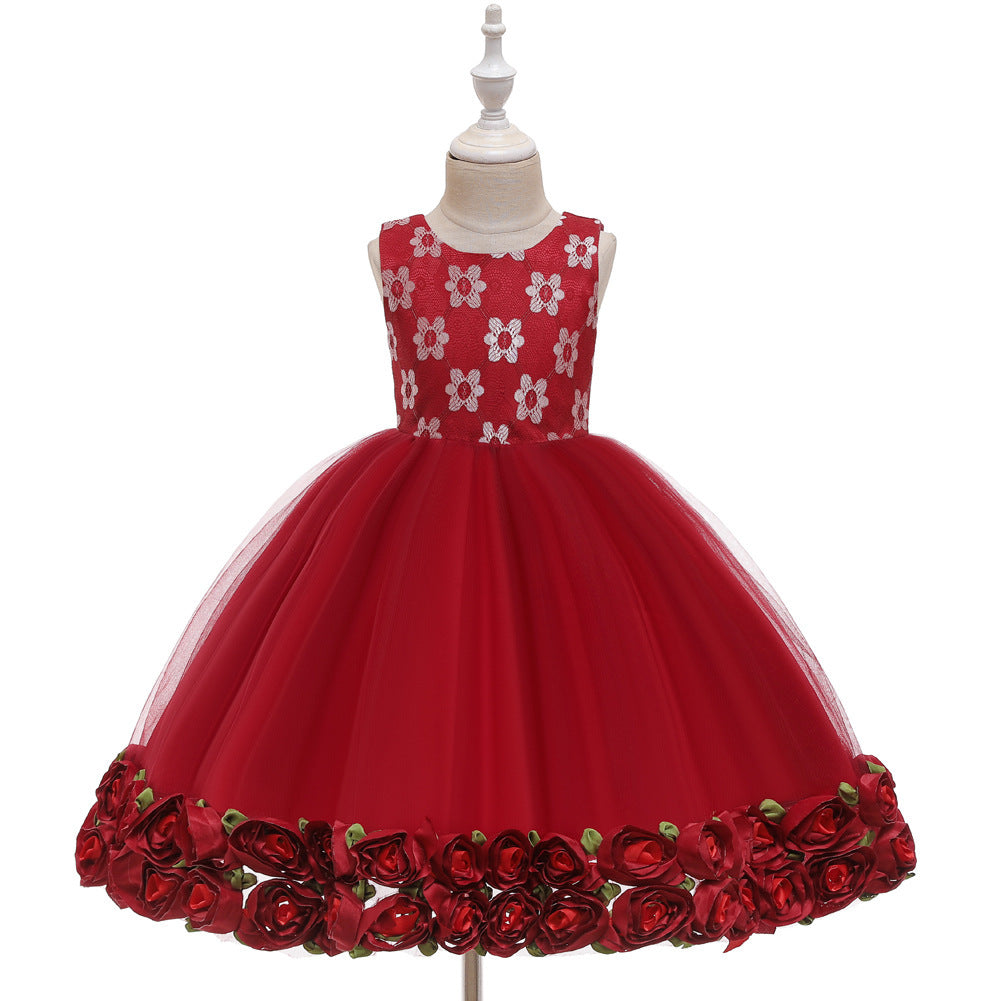 Princess dress wedding girl dress flower girl mesh dress Red