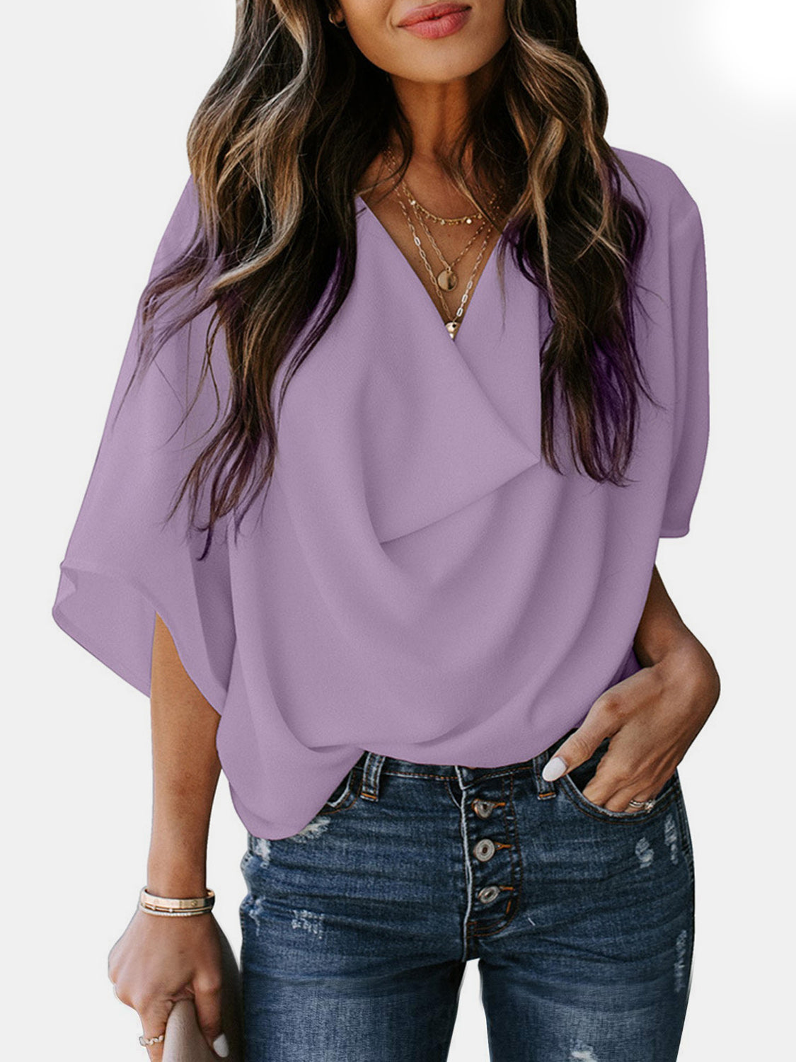 Full Size Cowl Neck Three-Quarter Sleeve Blouse Lavender