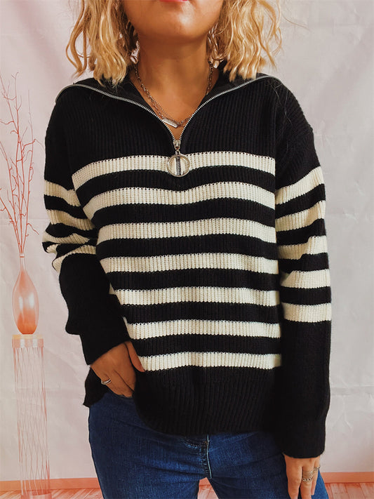 Striped Half Zip Collared Sweater Black