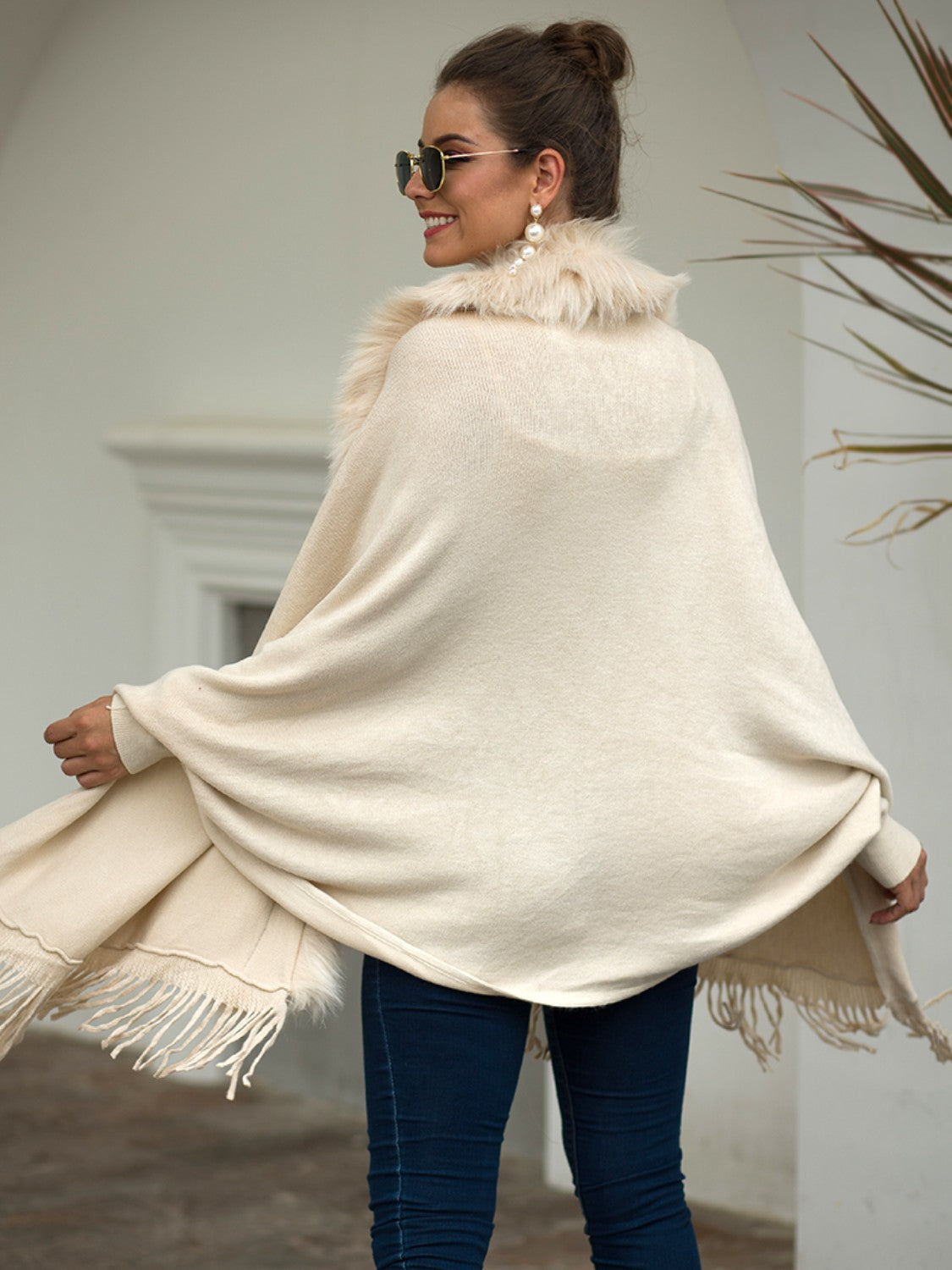 Fringe Open Front Long Sleeve Poncho - Thandynie