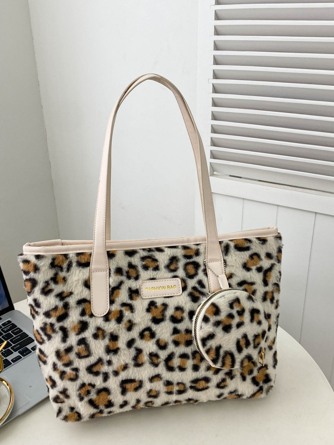 Leopard Faux Fur Tote Bag with Coin Purse