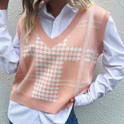 Houndstooth V-Neck Sweater Vest Peach