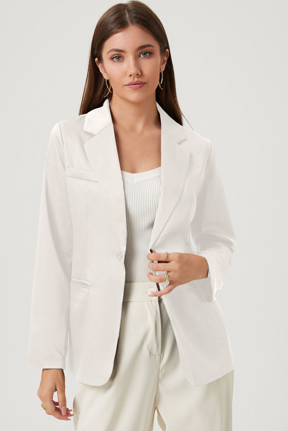 Long Sleeve Lapel Collar Blazer White