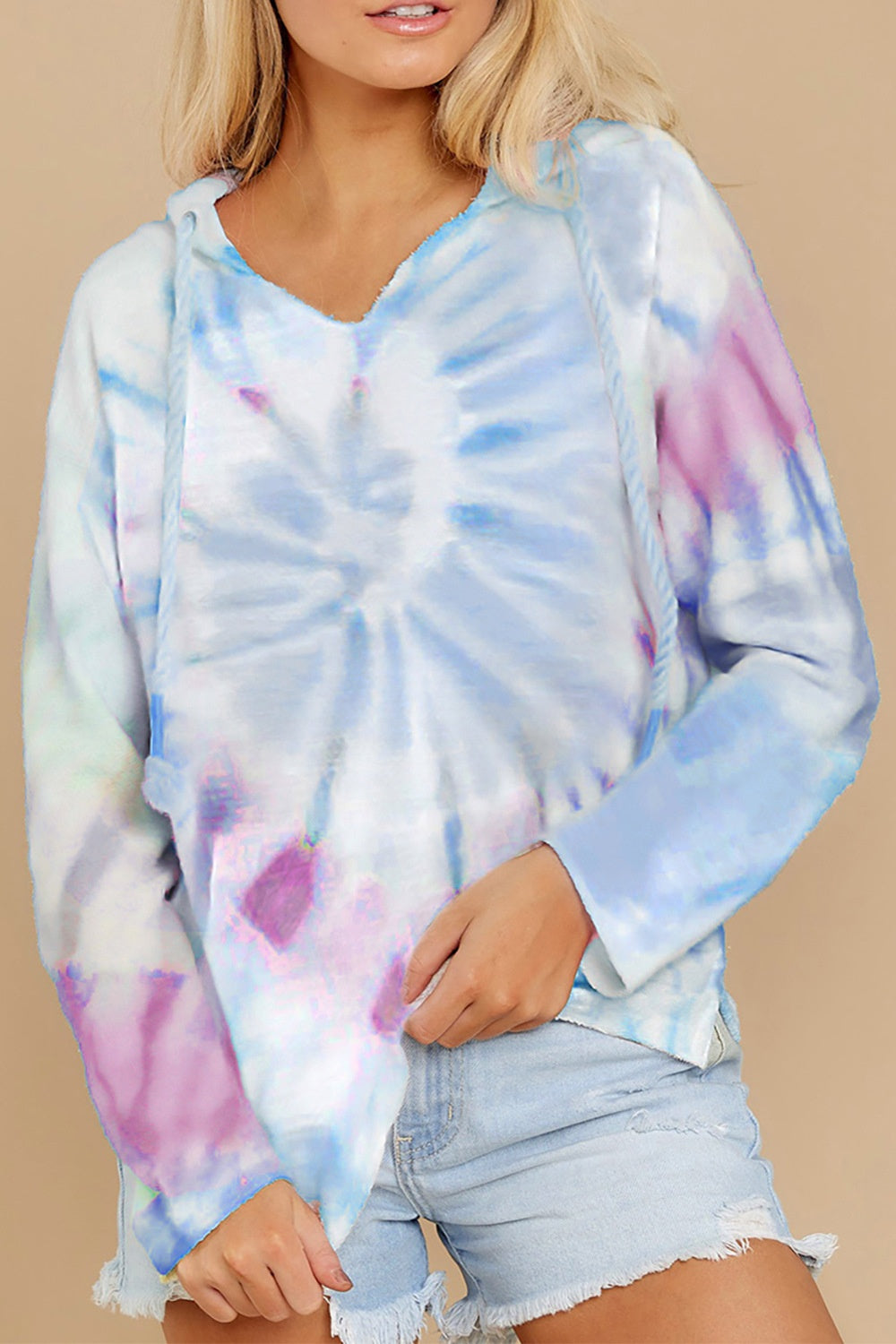 Drawstring Tie-Dye Long Sleeve Hoodie Light Blue