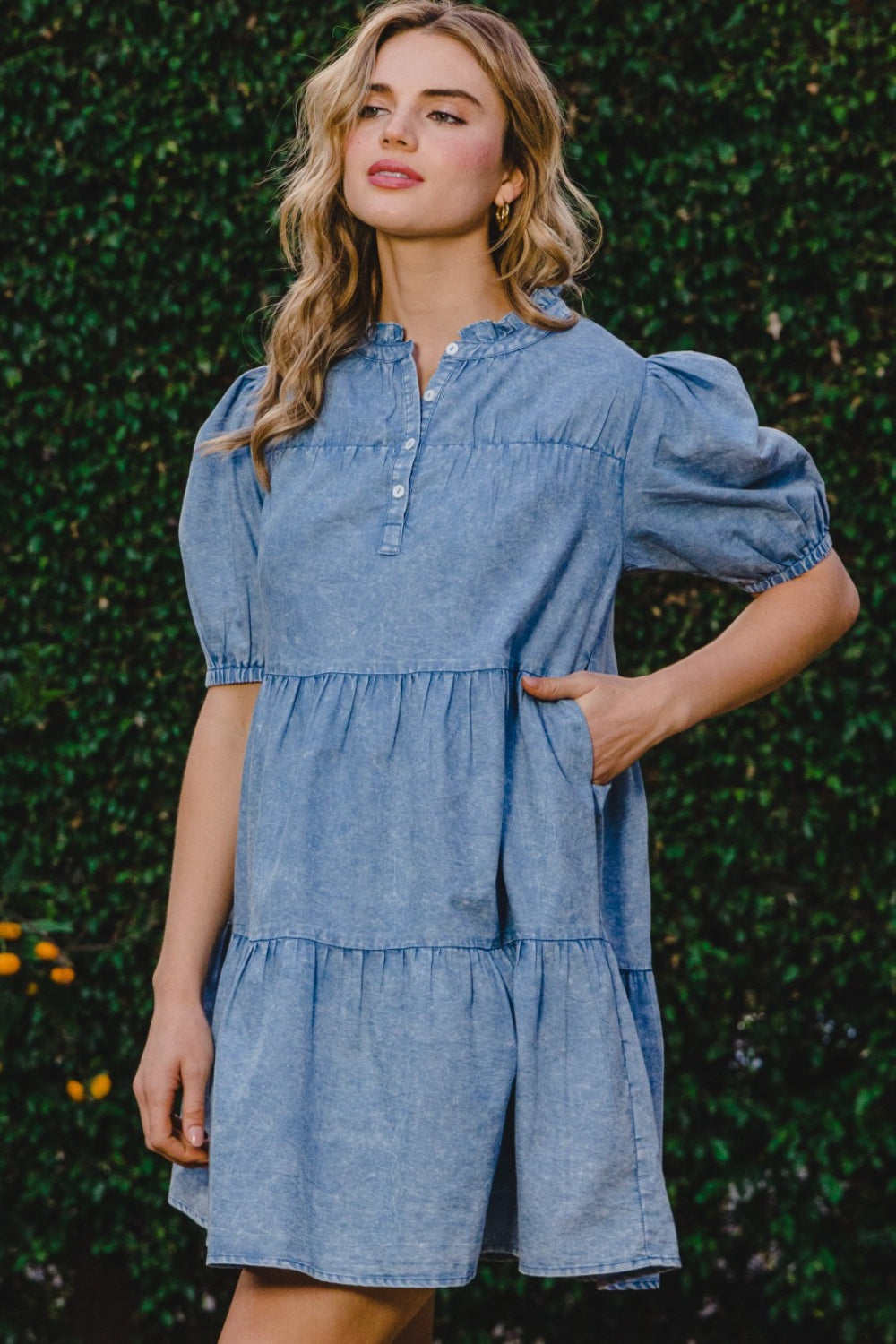 ODDI Washed Tiered Mini Denim Dress Washed Denim