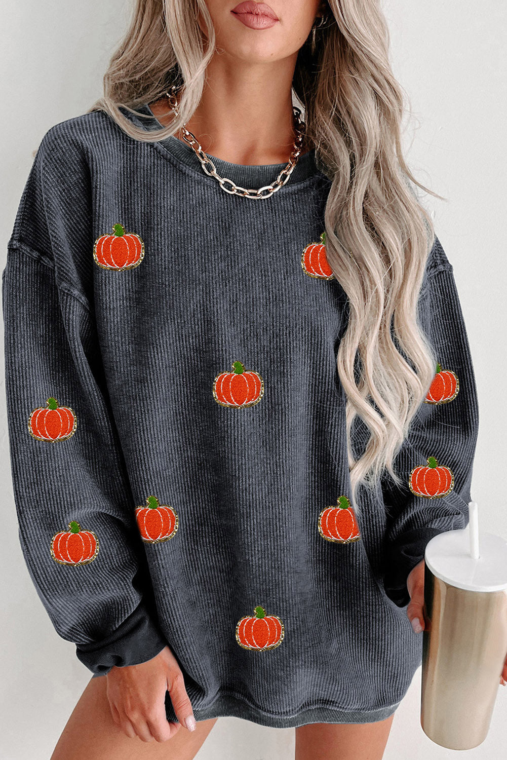 Gray Halloween Pumpkin Graphic Drop Shoulder Ribbed Sweatshirt Gray 100%Polyester