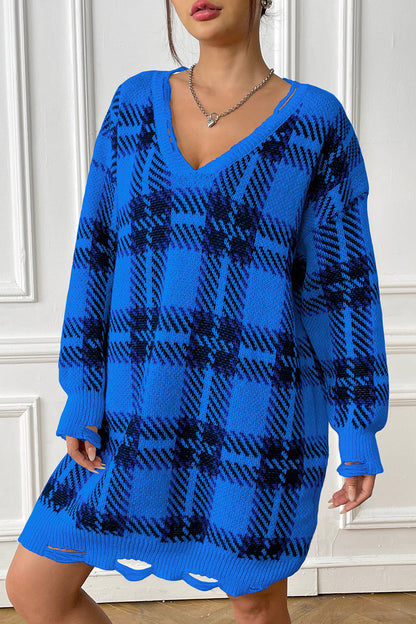 Plaid V-Neck Long Sleeve Sweater Dress Royal Blue One Size