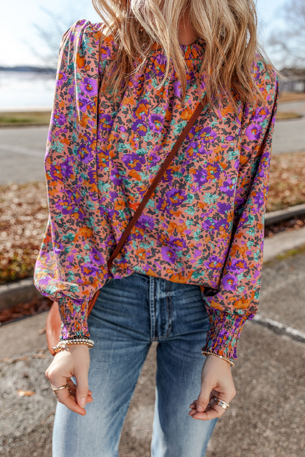 Purple Floral Allover Print Shirred Cuff Frilled O Neck Blouse