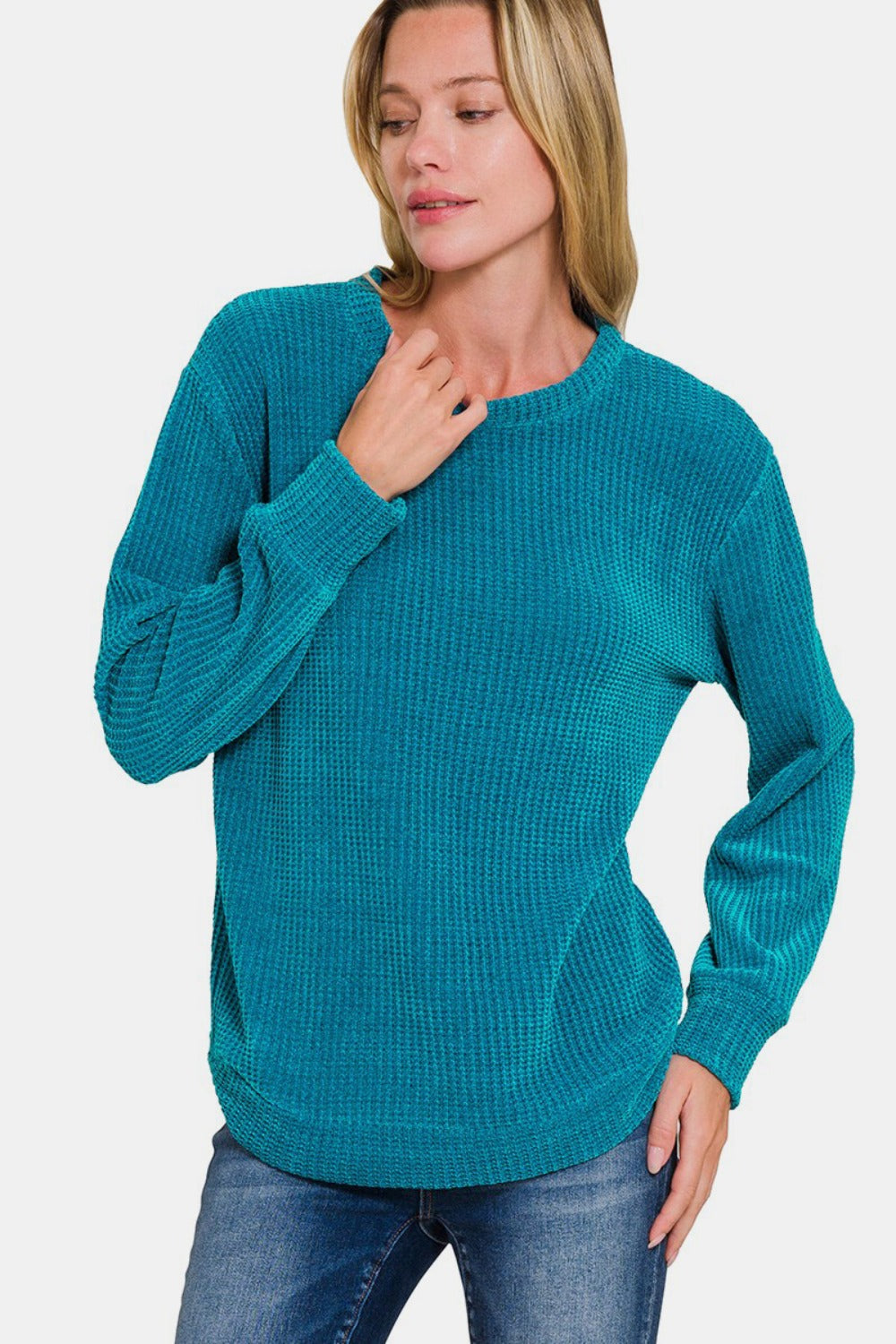 Zenana Chenille Waffle Round Neck Sweater Ocean Teal