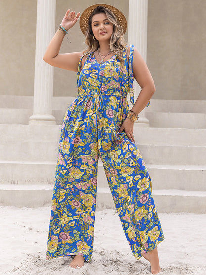 Plus Size Printed V-Neck Wide Leg Jumpsuit Blue