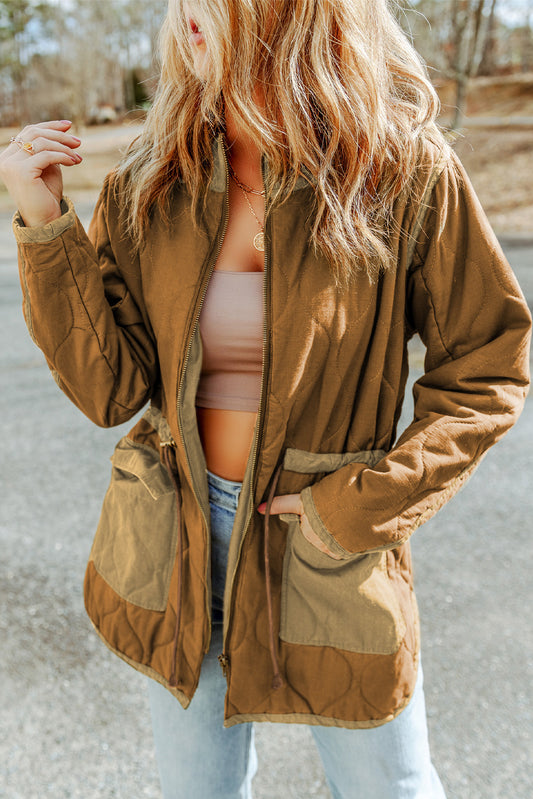 Drawstring Waist Zip-Up Jacket Tan