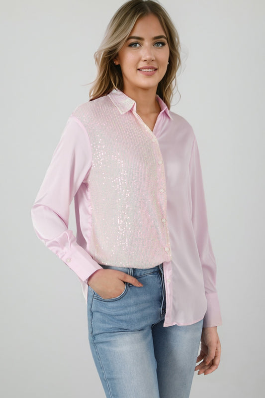 Sequin Long Sleeve Shirt Blush Pink