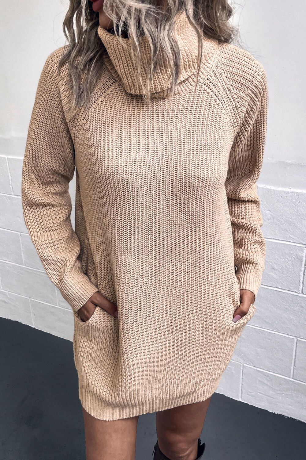 Turtleneck Sweater Dress with Pockets Sand