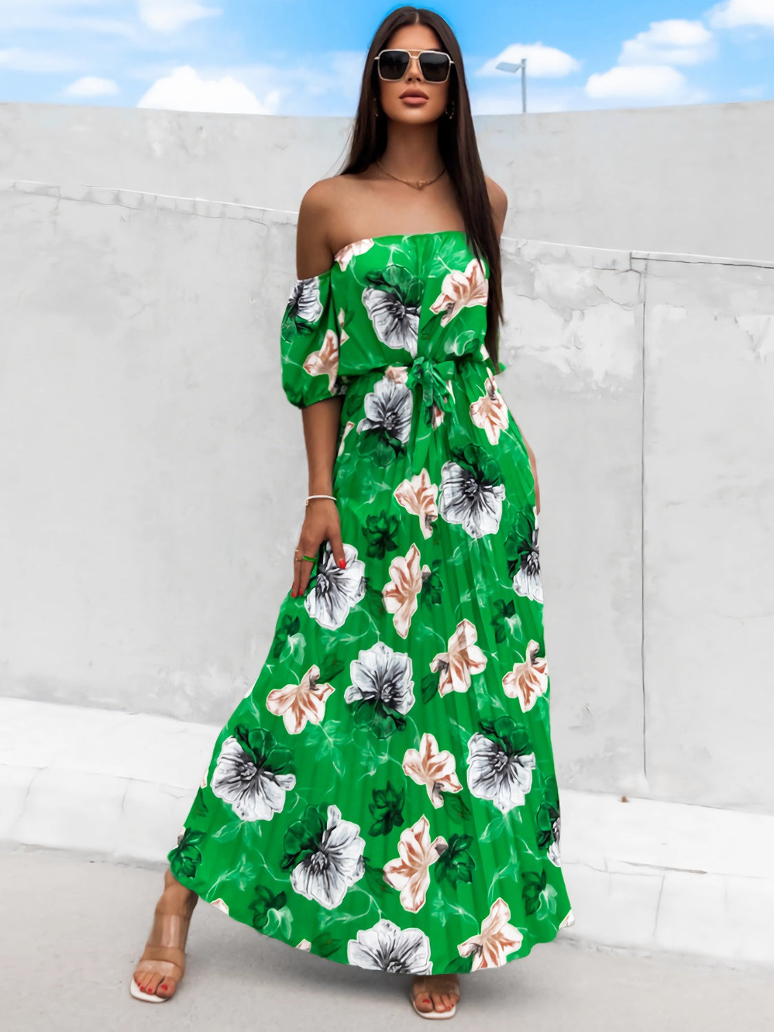 Pleated Floral Off-Shoulder Short Sleeve Midi Dress Green