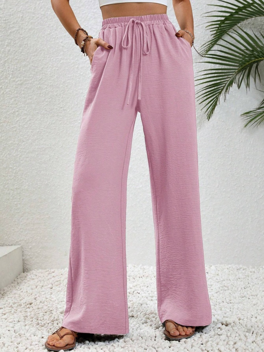 Wide Leg Drawstring Pants Pink