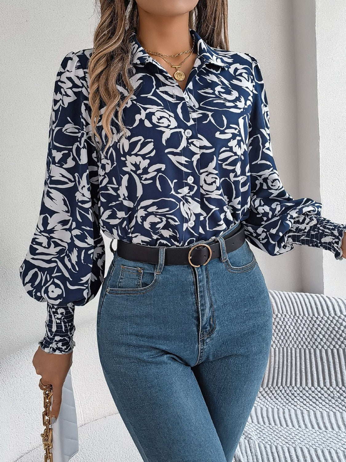 Printed Collared Neck Lantern Sleeve Shirt - Thandynie