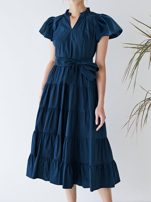 Ruched Tiered Notched Short Sleeve Dress Dark Blue