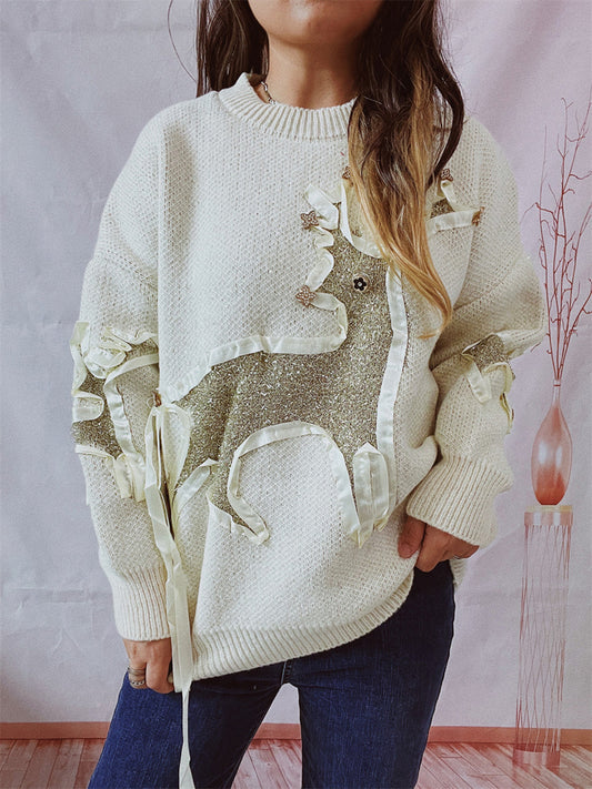 Reindeer Round Neck Long Sleeve Sweater Beige