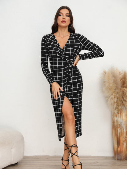 Plaid Long Sleeve Slit Dress Black