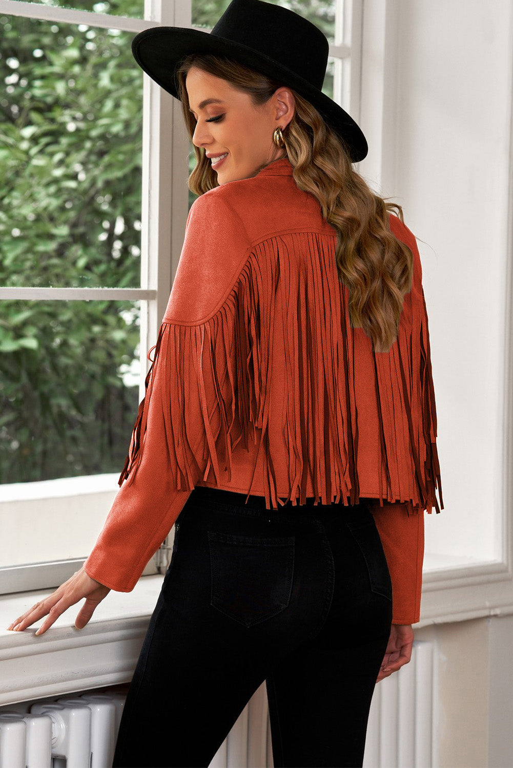 Fringe Trim Lapel Collar Cropped Blazer - Thandynie