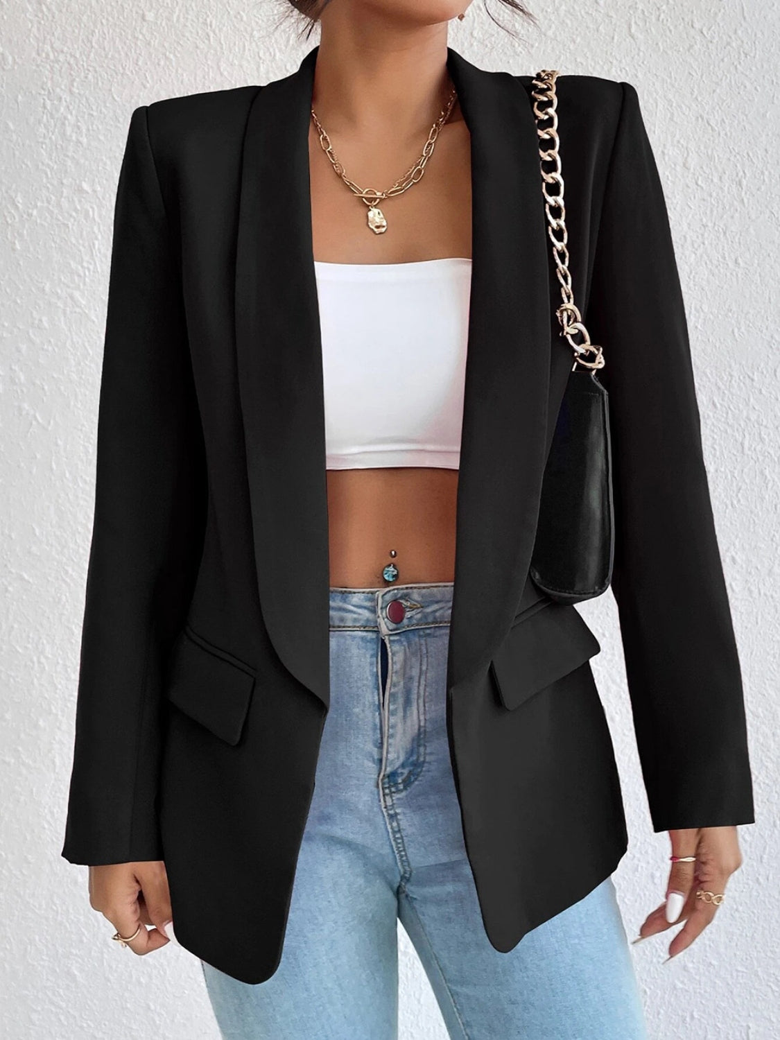 Shawl Collar Long Sleeve Blazer Black