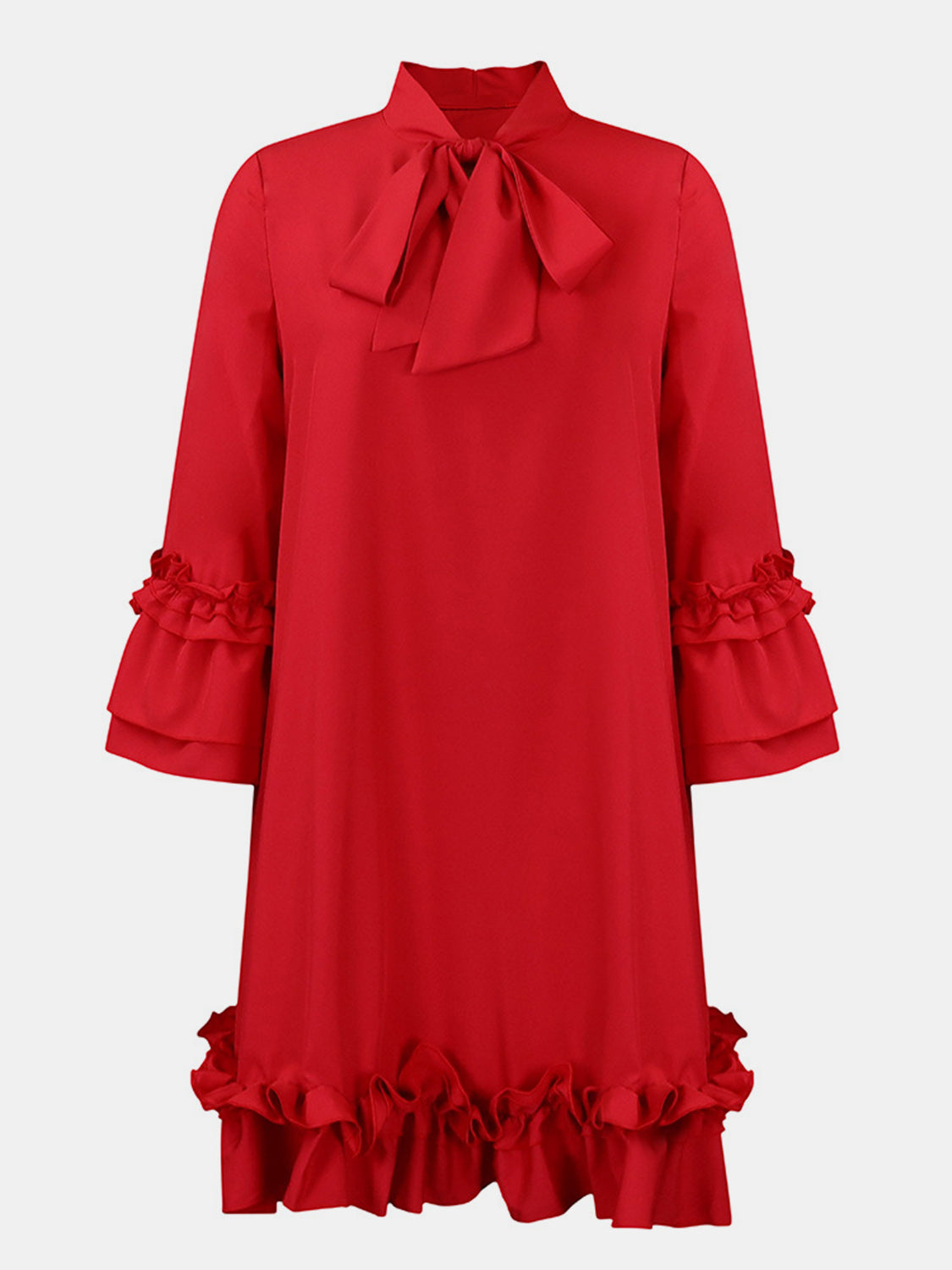 Frill Tie Neck Three-Quarter Sleeve Dress Red