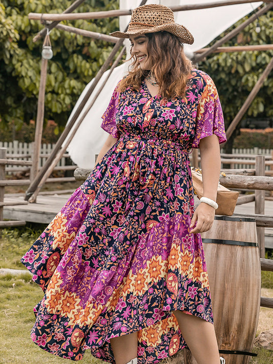 Plus Size Printed V-Neck Flutter Sleeve Midi Dress Vivid Violet